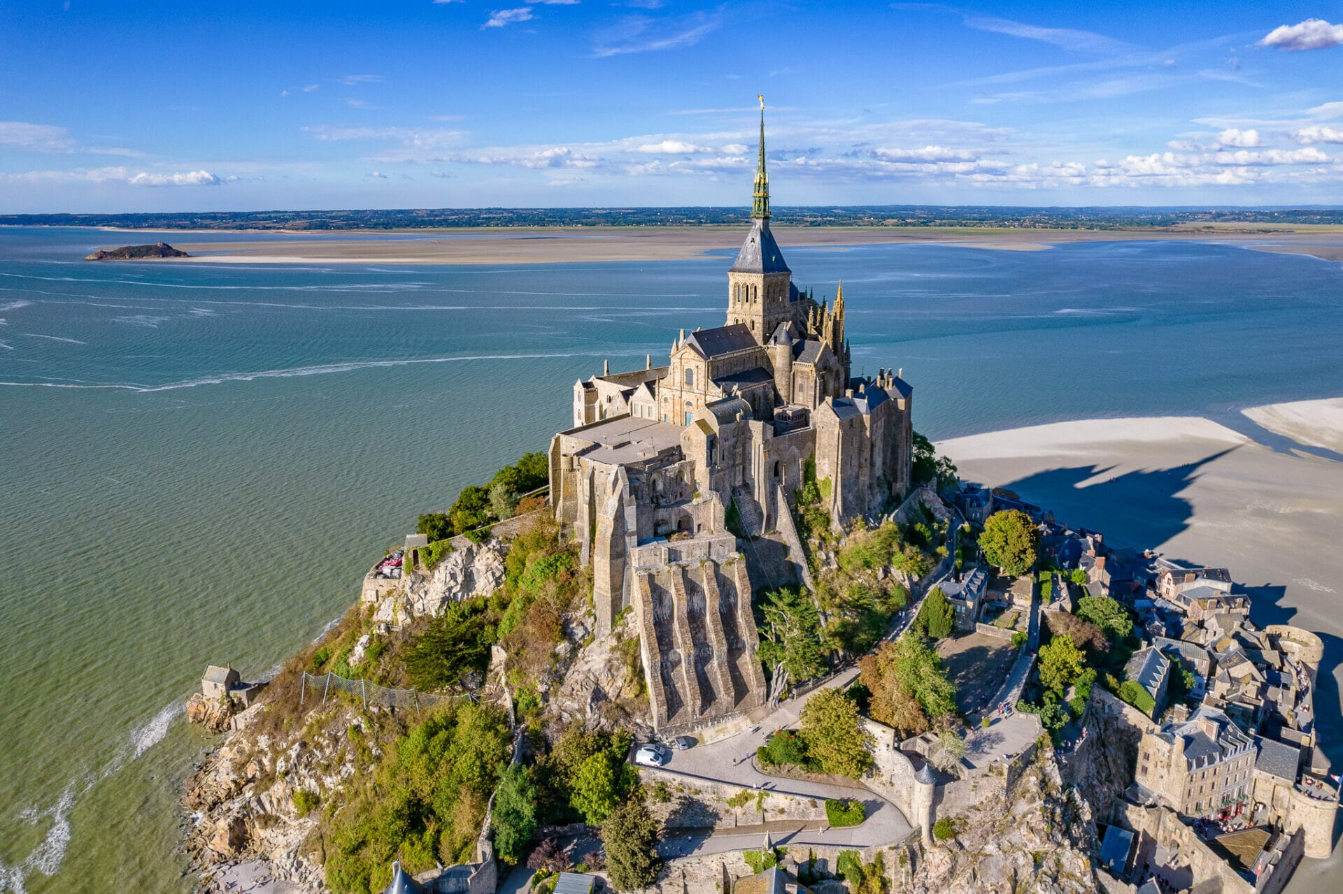 Mont Saint Michel Abbey aereal shot during high tide